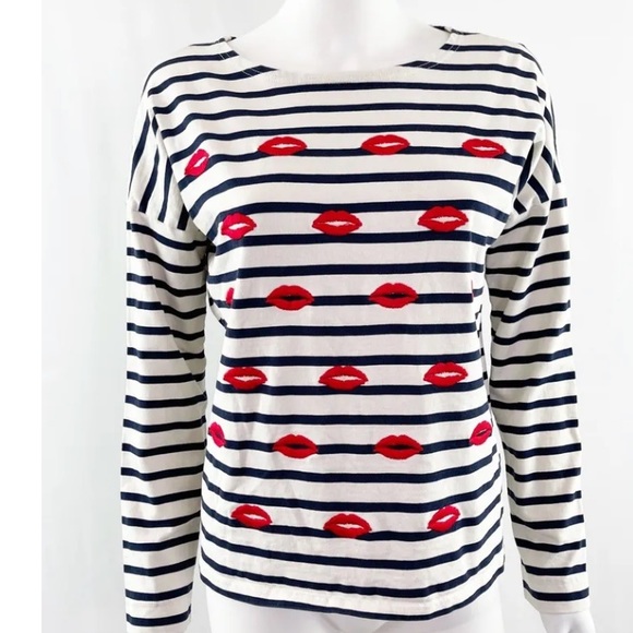 J. Crew top white Blue Striped Long Sleeve Shirt Embroidered red lips kisses M - Picture 6 of 12